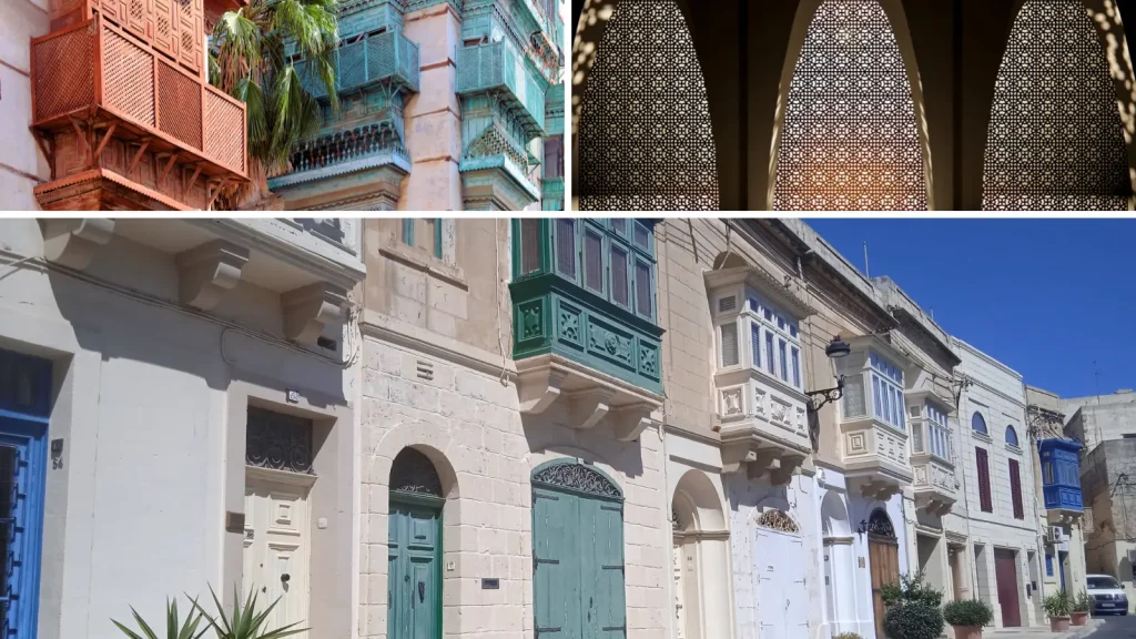 Comparison of balconies: traditional Arabic mashrabiya with wooden latticework and Maltese gallariji – colorful glass protrusions inspired by Arabic architecture.