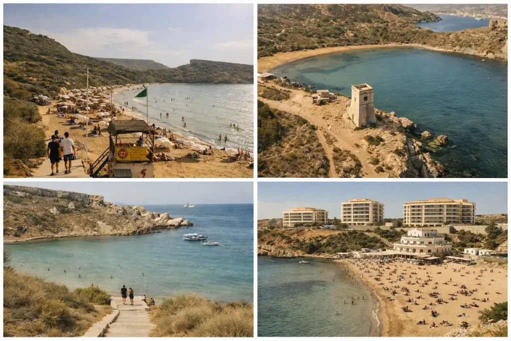 Examples of different beaches in Malta – sandy beaches, bays and coastline across various parts of the island.