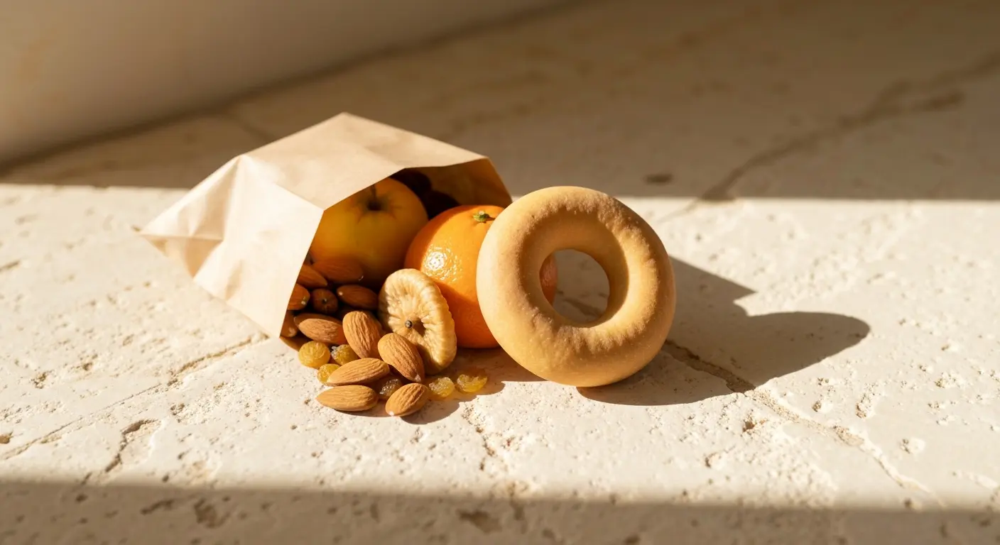 A traditional Maltese St Martin bag, filled with nuts, dried fruit, raisins, a tangerine and a qagħaq ta’ San Martin, presented in the typical November style that Maltese schools and families prepare for children.