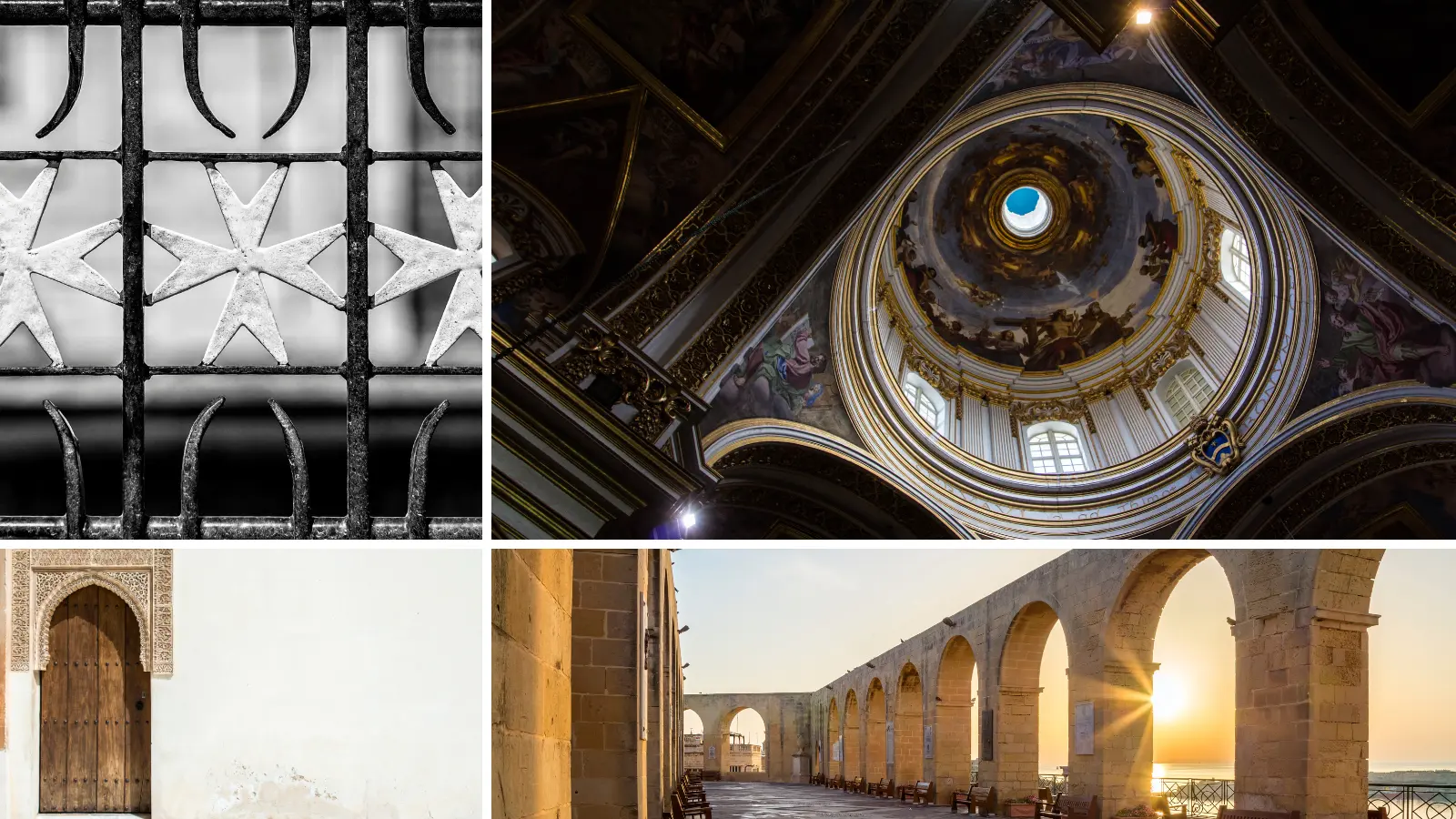 Symbols of Maltese identity: the Maltese cross, Baroque church interiors, traces of Arabic-influenced architecture, and Valletta’s arcades — a visual contrast between the island’s Arabic linguistic heritage and its enduring Catholic tradition.
