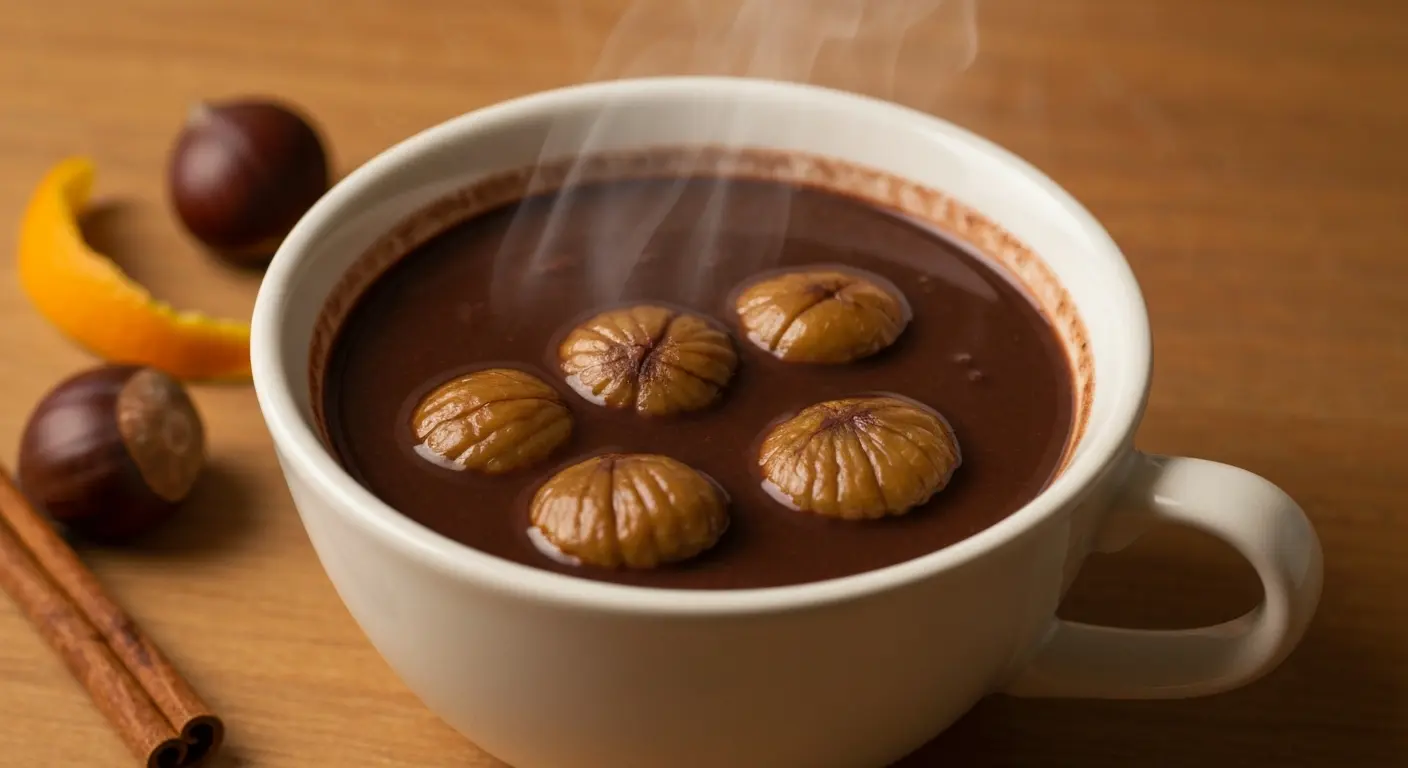 Imbuljuta tal-Qastan, a traditional Maltese Christmas drink made from chestnuts and cocoa, served hot in a white cup with cinnamon sticks and orange peel on a wooden table.