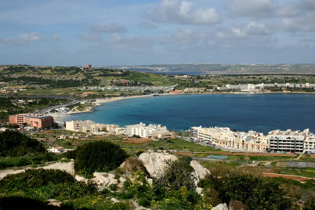 Mellieħa and Għadira Bay in northern Malta, a hilly area located about 50 minutes from Malta Airport