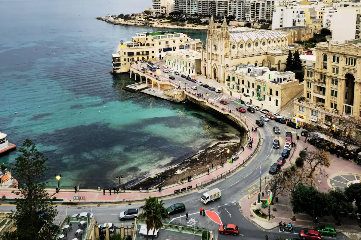 St Julian’s coastline and city centre near Paceville, a popular destination reached from Malta Airport by taxi, bus, or private transfer
