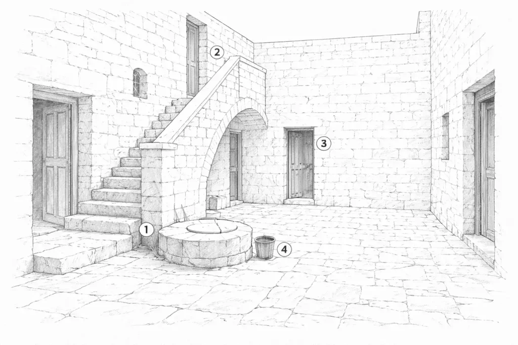Diagram of a traditional Maltese bitħa (internal courtyard):
1 – Well / cistern – the central element for collecting and drawing rainwater, essential to the household’s daily functioning.
2 – Staircase and access to the upper floor – linking the courtyard to living spaces above.
3 – Entrances to living and working rooms – spaces used for cooking, storage, and everyday domestic life.
4 – Containers and work area – space for laundry, water handling, and household chores.