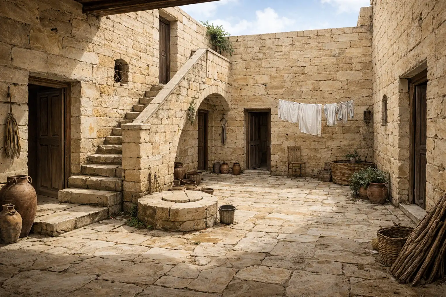 **Traditional Maltese *bitħa* –** the internal courtyard of a family house with stone walls, an external staircase, entrances to living spaces, and a discreet rainwater cistern, representing the typical setting of everyday life in Malta in the 18th and 19th centuries.