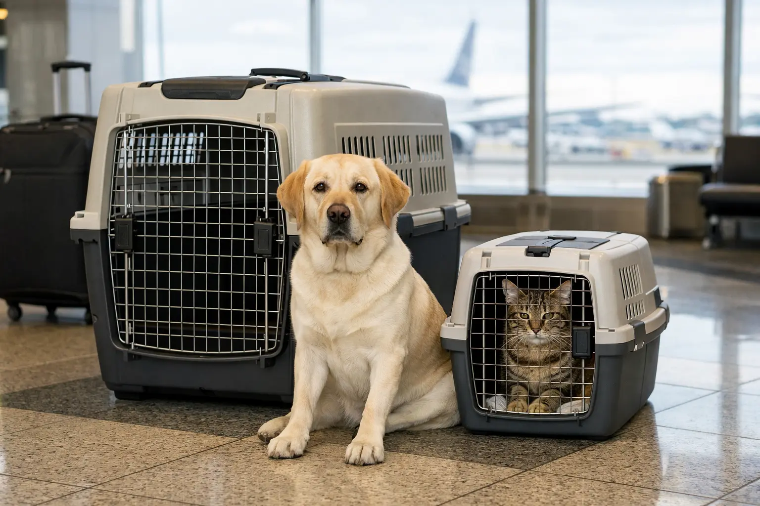 Labrador sitting next to an airline-approved pet crate and a cat inside a carrier at the airport when travelling to Malta