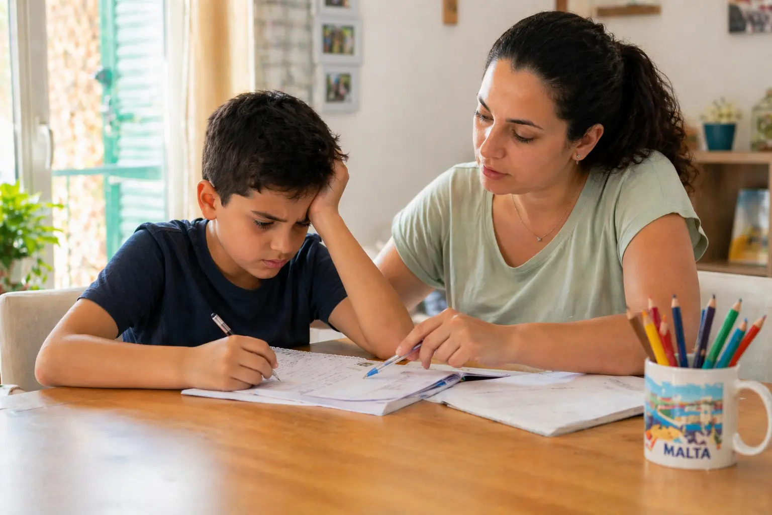 Child struggling with homework while a parent helps at home, representing tutoring support for students in Malta Catch-Up Classes program