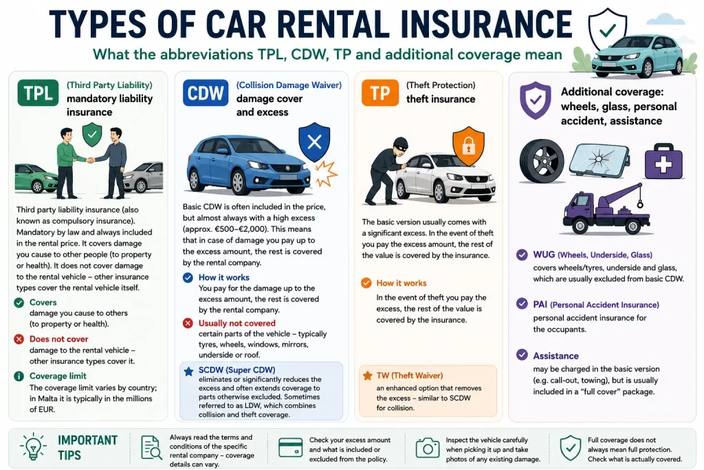 Infographic explaining car rental insurance in Malta: TPL, CDW, TP, excess, deposits and full coverage options.