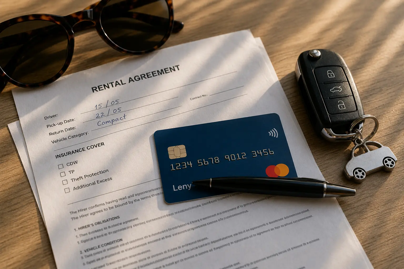 Car rental agreement with insurance options, credit card deposit and car keys on a table during a vehicle rental pickup process.