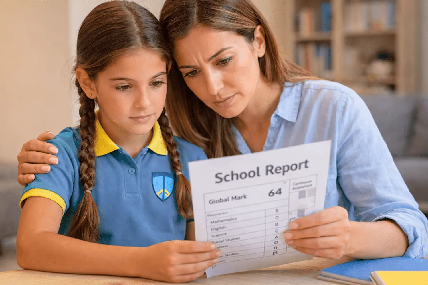 Parent and child looking at a Maltese school report showing a Global Mark result