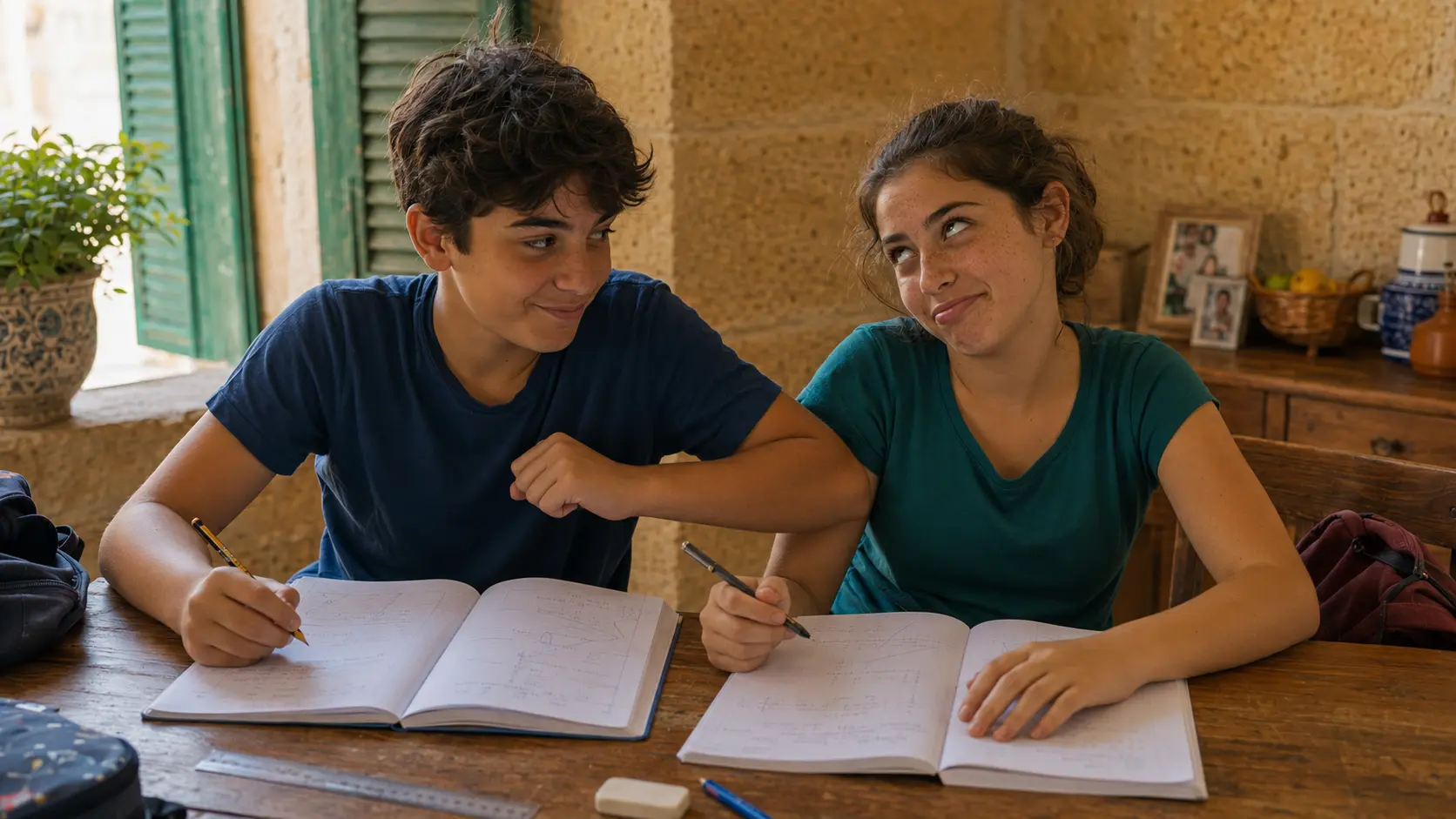 Two students doing homework together at a table in a Maltese home