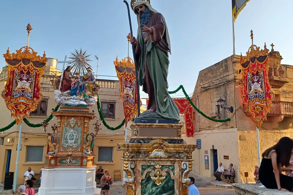 Statues and festive street decorations during Santa Marija in Malta