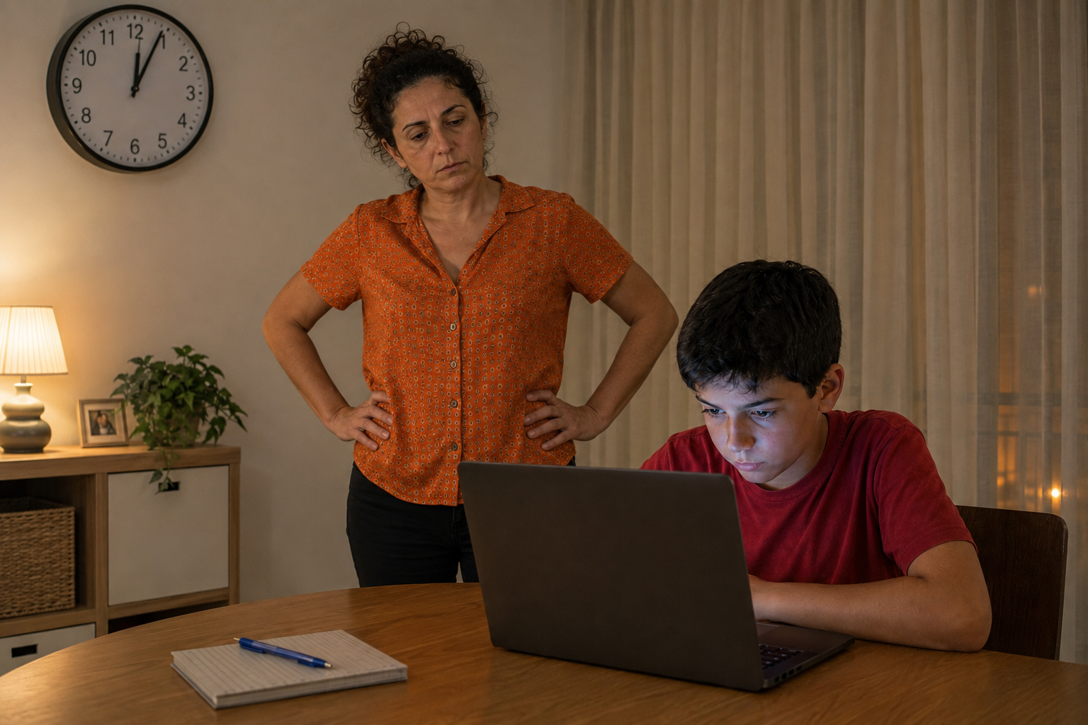 Parent watching a child use a school laptop late at night in Malta